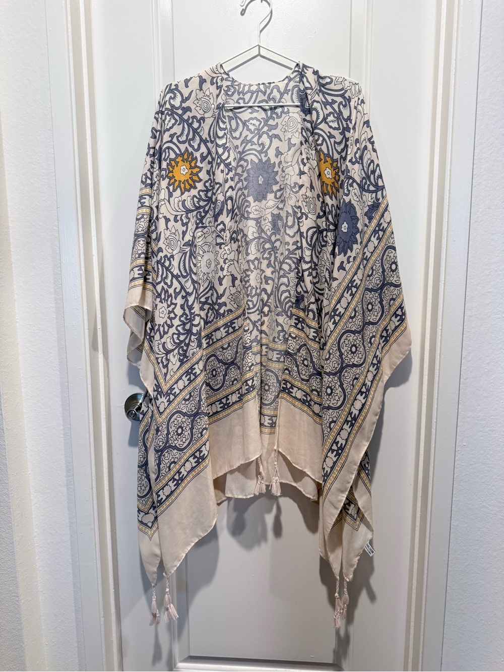 Boho Floral Print Kimono in Cream and Navy with Mustard Accents